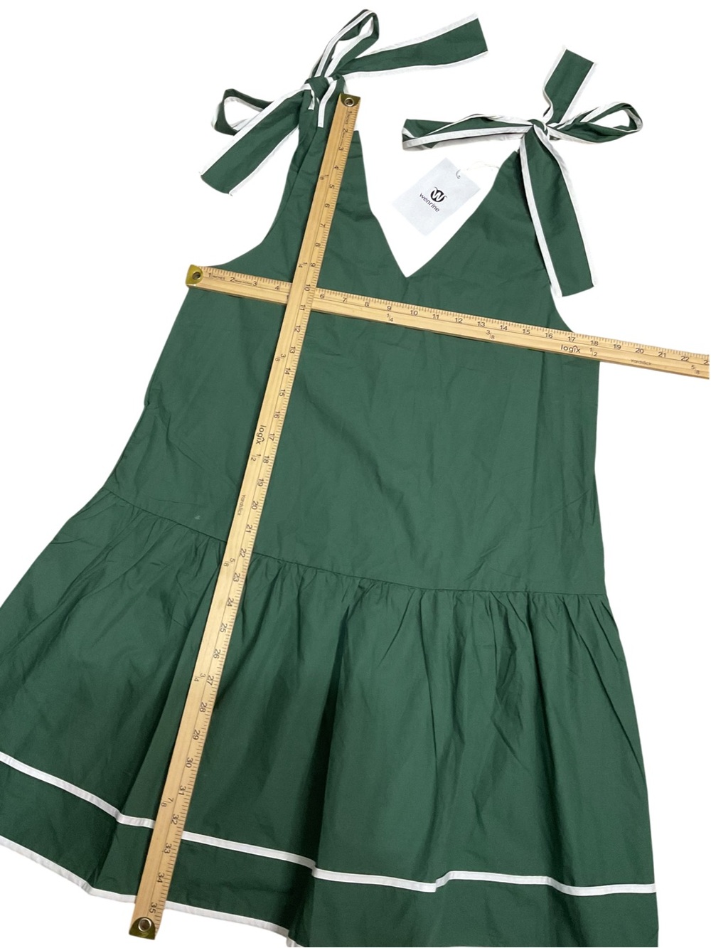 Wenrine Dark Green Drop Waist Mini Dress Size Small Tie Shoulder Bow White Trim - Picture 4 of 6